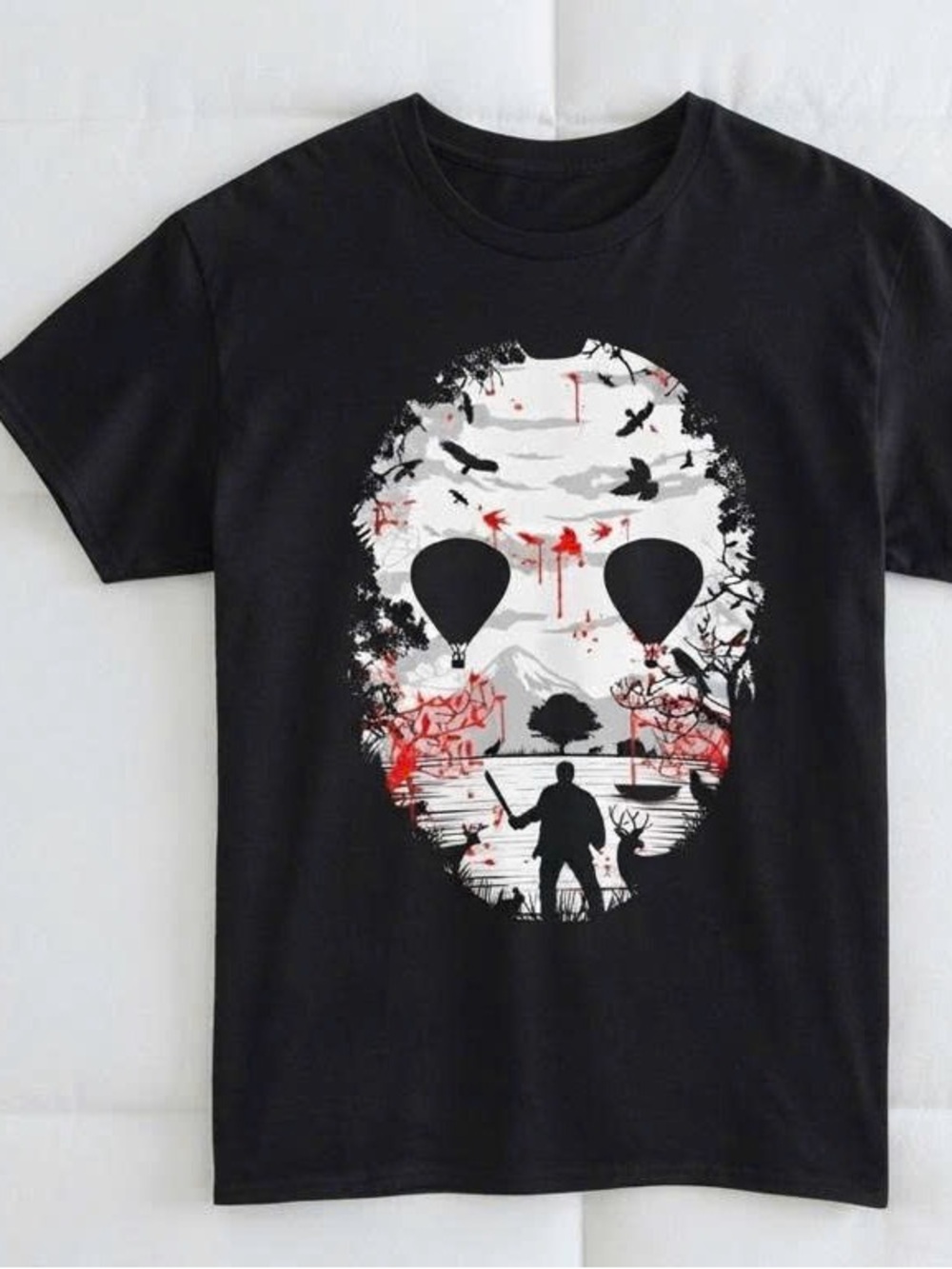 Black Short-Sleeve Tee with White & Red Skull Adventure Graphic